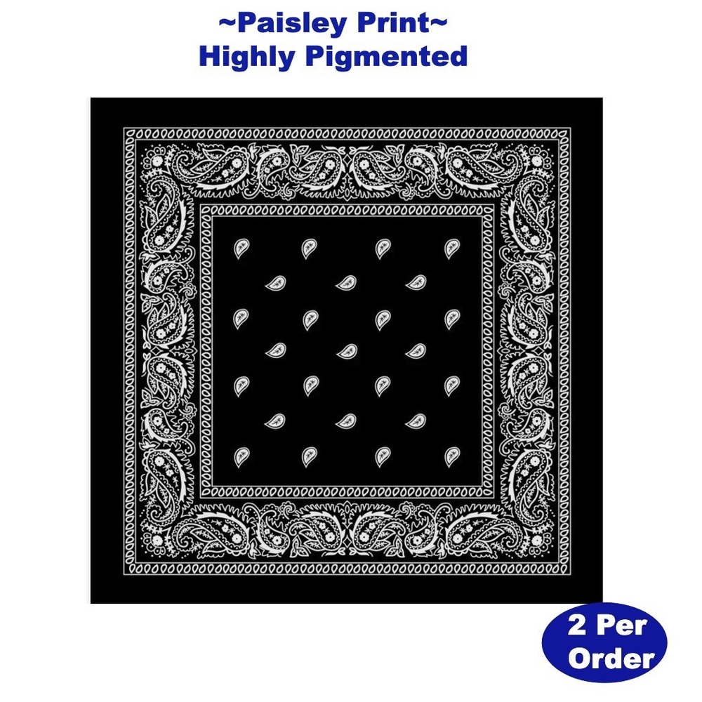 Paisley Bandana Scarf Head Wrap Face Covering 22" Highly Pigmented 2PK Black